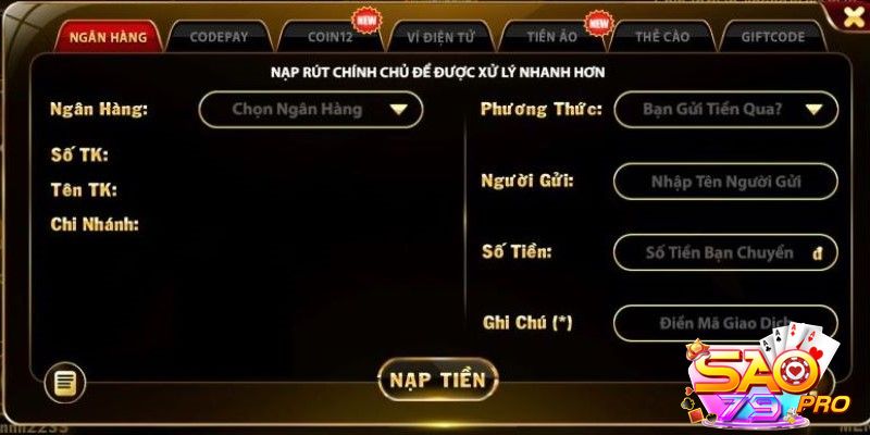 Nạp tiền tại Sao79 bằng tài khoản ngân hàng