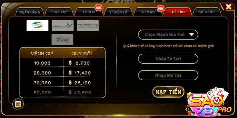 Thắc mắc khi nạp tiền tại Sao79